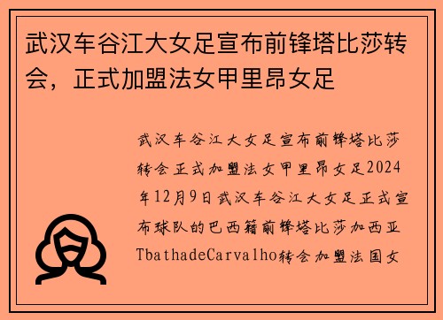 武汉车谷江大女足宣布前锋塔比莎转会，正式加盟法女甲里昂女足