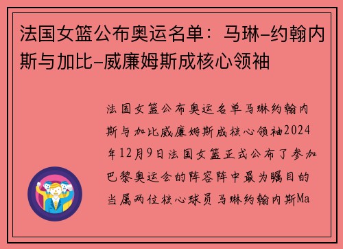 法国女篮公布奥运名单：马琳-约翰内斯与加比-威廉姆斯成核心领袖