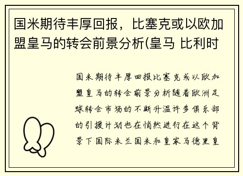 国米期待丰厚回报，比塞克或以欧加盟皇马的转会前景分析(皇马 比利时)