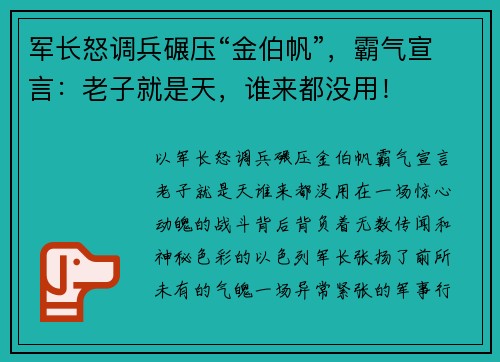 军长怒调兵碾压“金伯帆”，霸气宣言：老子就是天，谁来都没用！