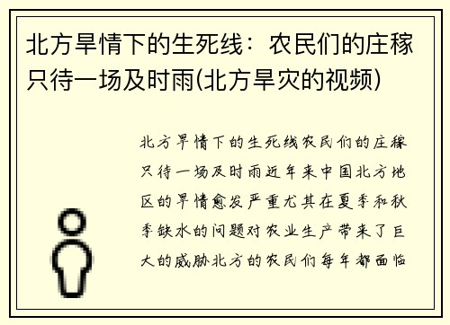 北方旱情下的生死线：农民们的庄稼只待一场及时雨(北方旱灾的视频)