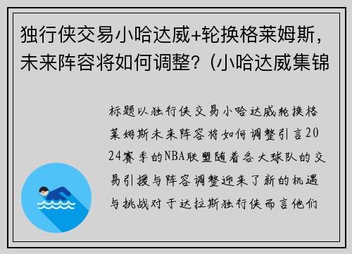 独行侠交易小哈达威+轮换格莱姆斯，未来阵容将如何调整？(小哈达威集锦)
