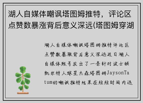 湖人自媒体嘲讽塔图姆推特，评论区点赞数暴涨背后意义深远(塔图姆穿湖人球衣)