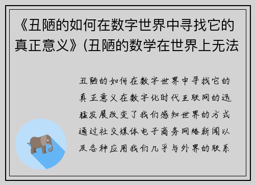 《丑陋的如何在数字世界中寻找它的真正意义》(丑陋的数学在世界上无法生存)