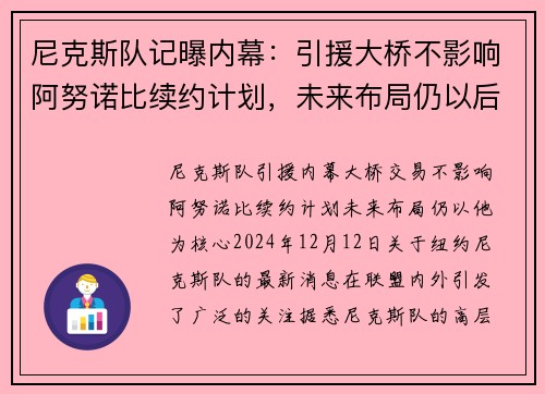 尼克斯队记曝内幕：引援大桥不影响阿努诺比续约计划，未来布局仍以后者为重