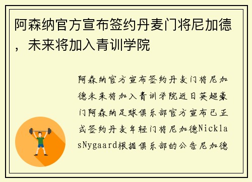 阿森纳官方宣布签约丹麦门将尼加德，未来将加入青训学院